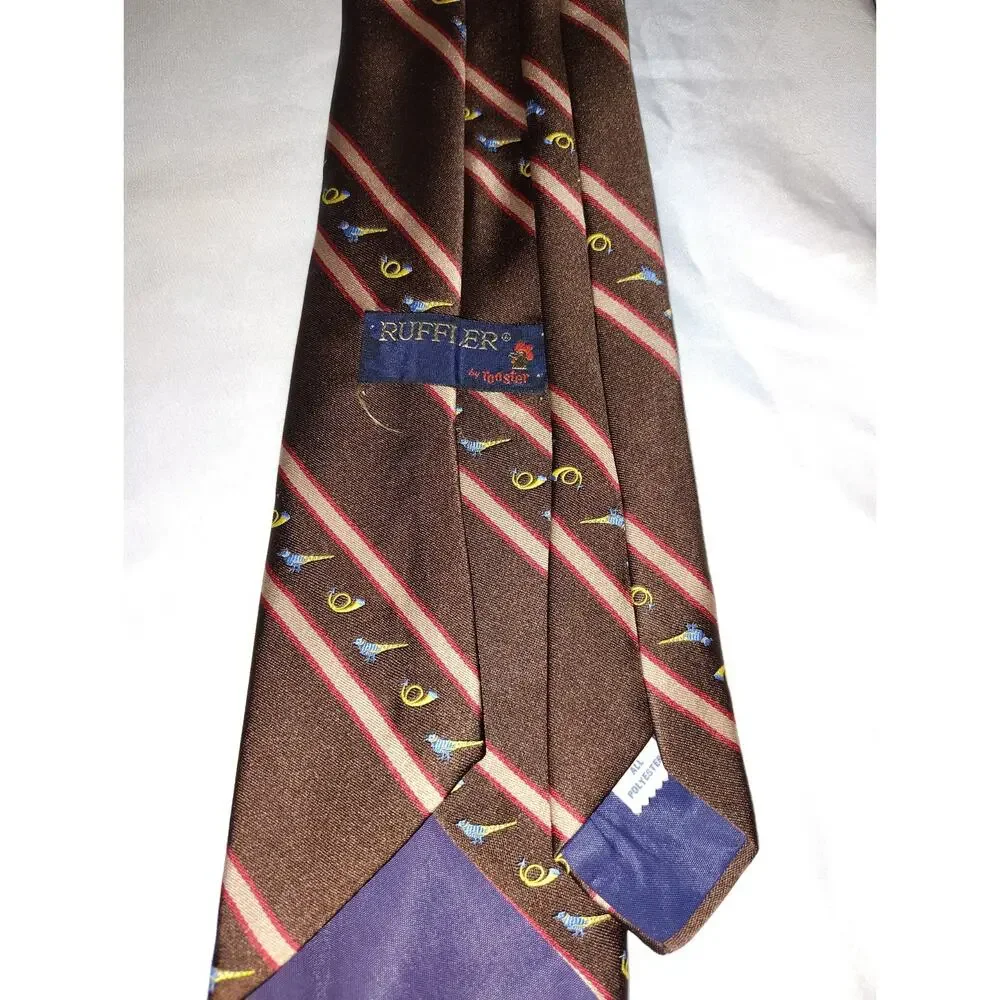 Vintage Rooster Ruffler Brown Polyester Necktie Horns And Pheasants Hunting